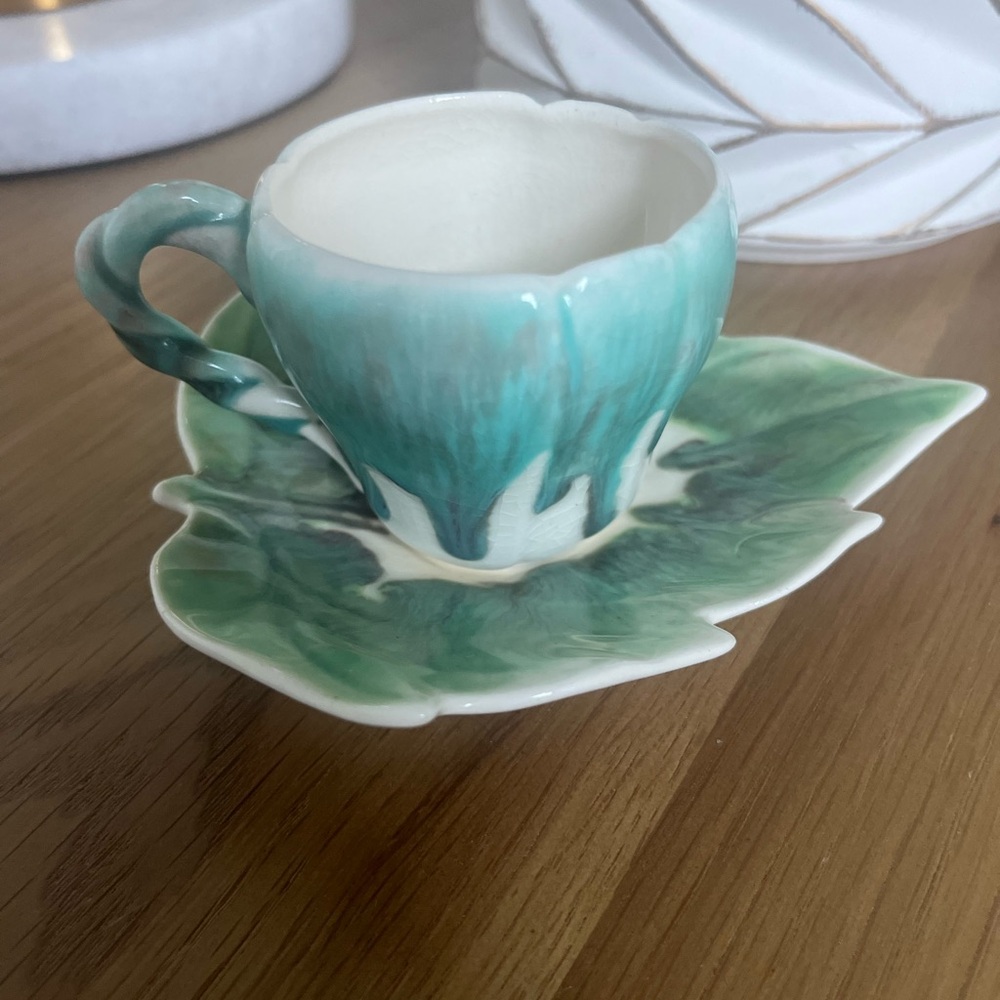 Leaf Design Teacup and Saucer in Green and White